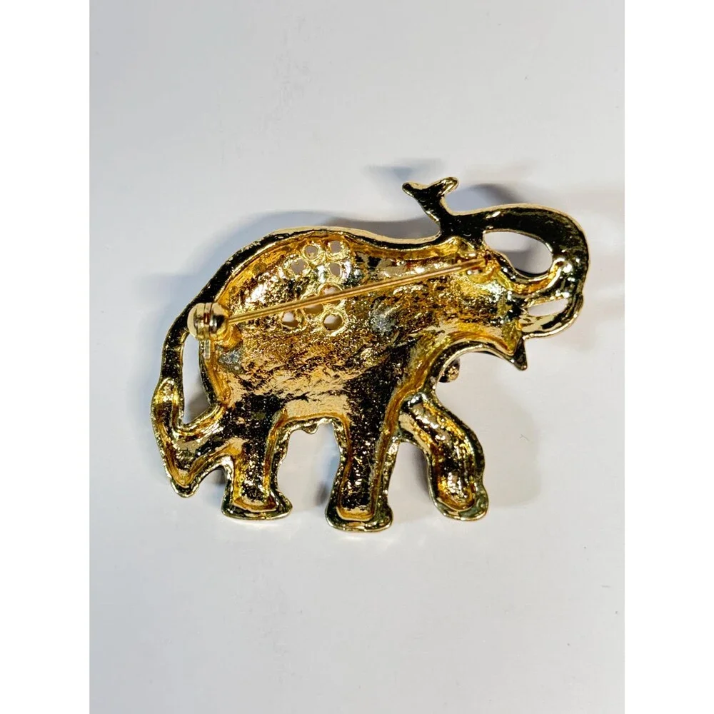Vintage Black Enamel Elephant Brooch Gold Tone Rhinestone Figural Pin